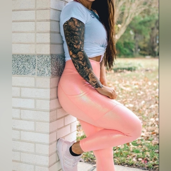 Curves and Combat Boots Glitter Pink Full Length Leggings - Picture 3 of 7